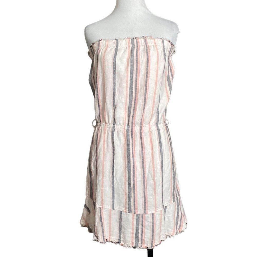 CLOTH & STONE Anthropologie Frayed Hem Strapless Linen Dress Vertical Striped